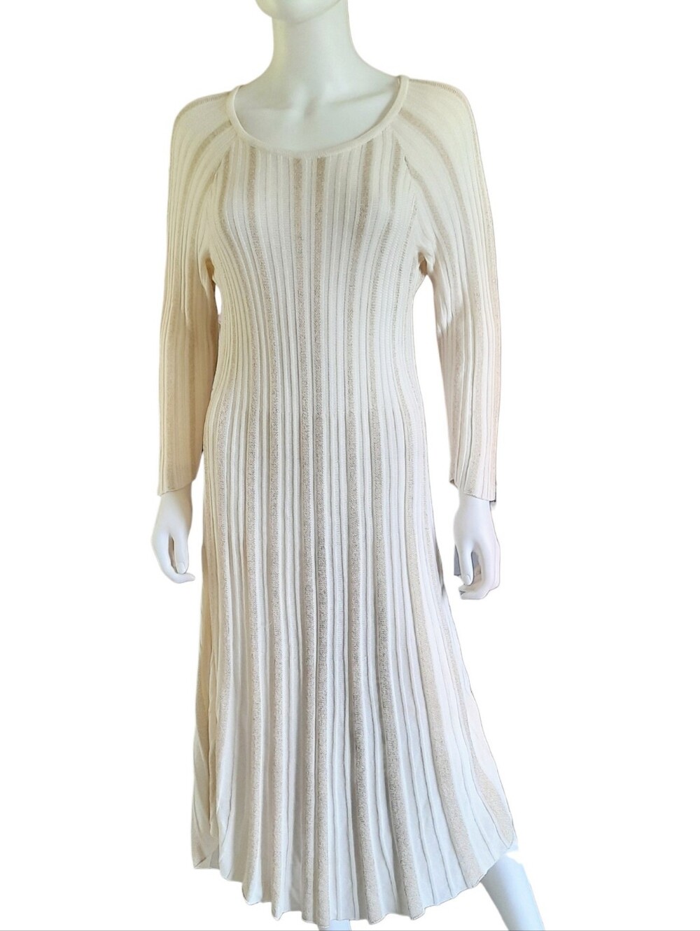 CATO Cream/Metallic Gold Ribbed Knit 3/4 Sleeve Fit & Flare Midi Dress Sz 14/16W